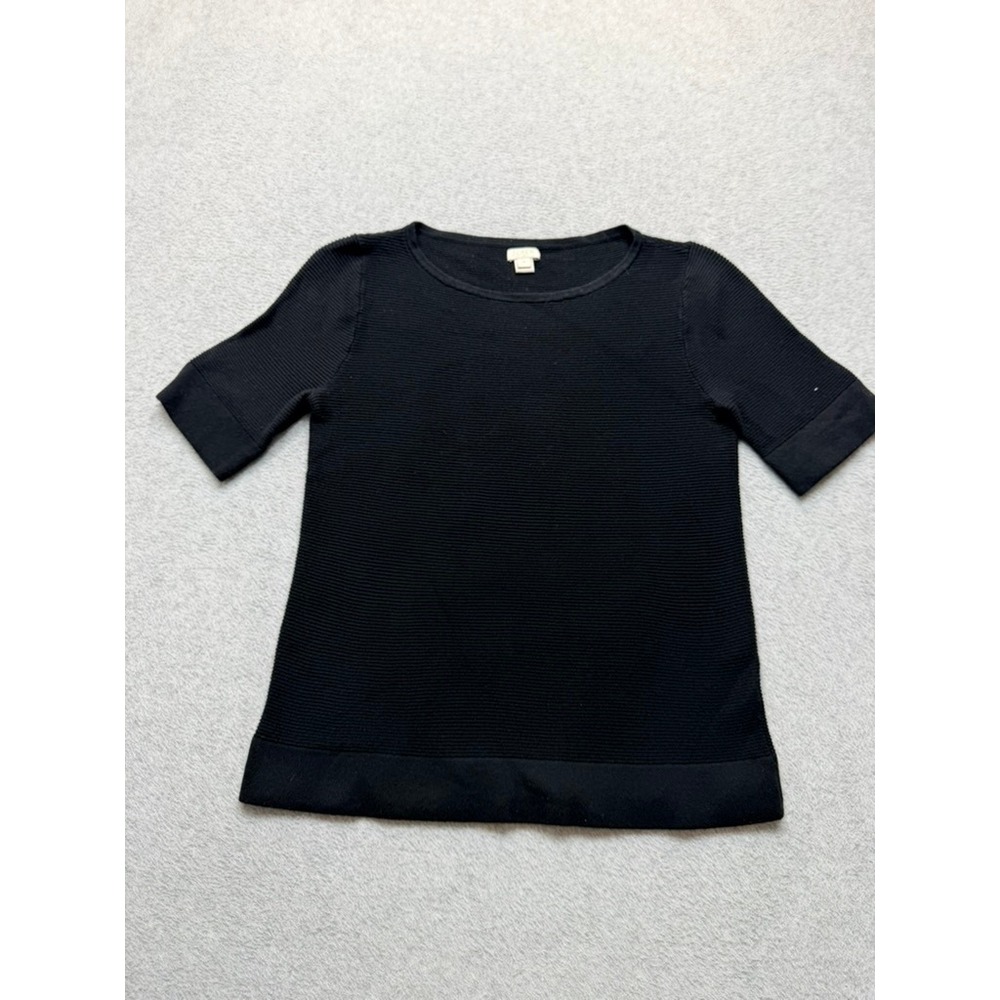 J.Crew Womens Black Ribbed Textured Short Sleeve Sweater Top F4306 XS